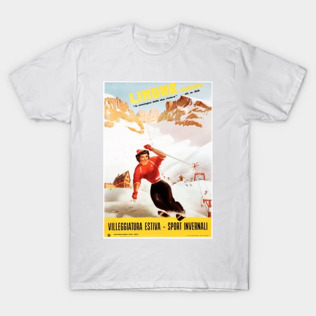 Skiing in LIMONE Piemonte by Carlo Prandoni Ski Resort Vintage Italy Travel Ad T-Shirt by vintageposters